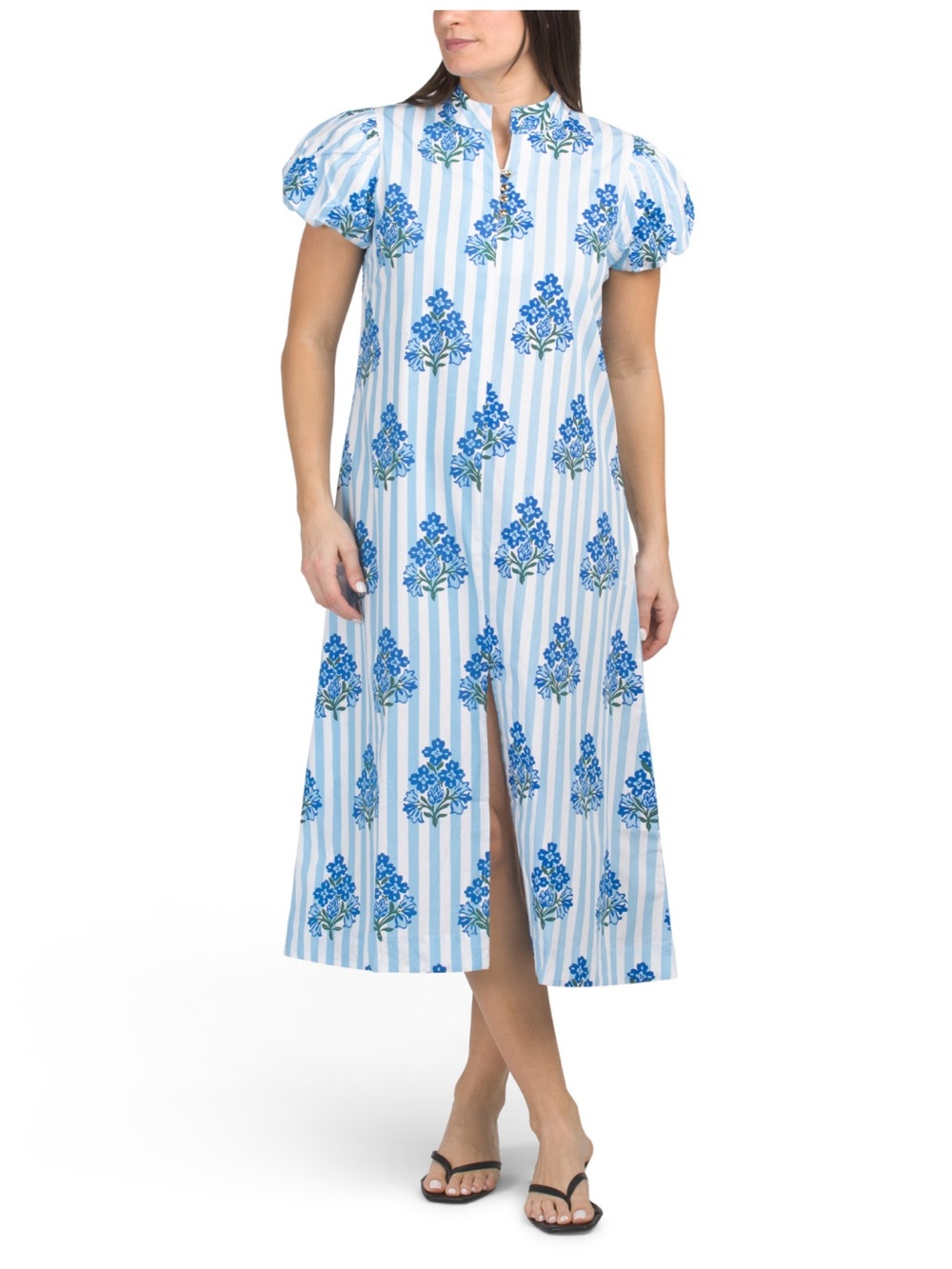 Sail To Sable Shirt Midi Dress Blue Block Print Striped Puff Sleeve M Medium